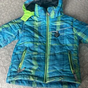 Obermeyer Kids Blue and Lime Puffer Jacket